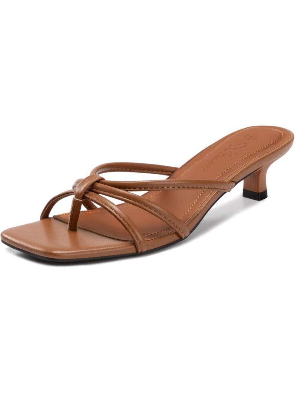 Women's Square Toe Strappy Flip Flop Brown Low Heels Slip On Thong Heels